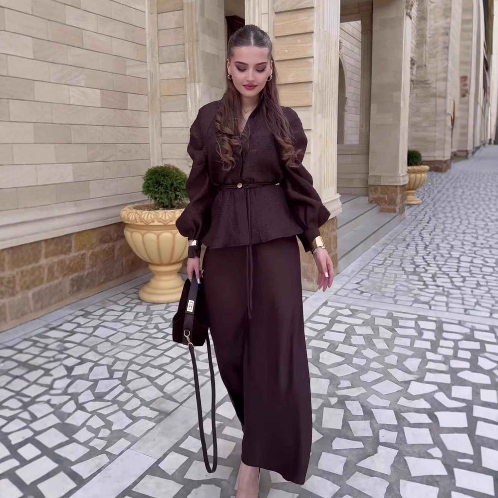 Chic V-Neck Fitted Long Sleeve Cardigan Top with High-Waisted Skirt Set for Women - MODALIFE