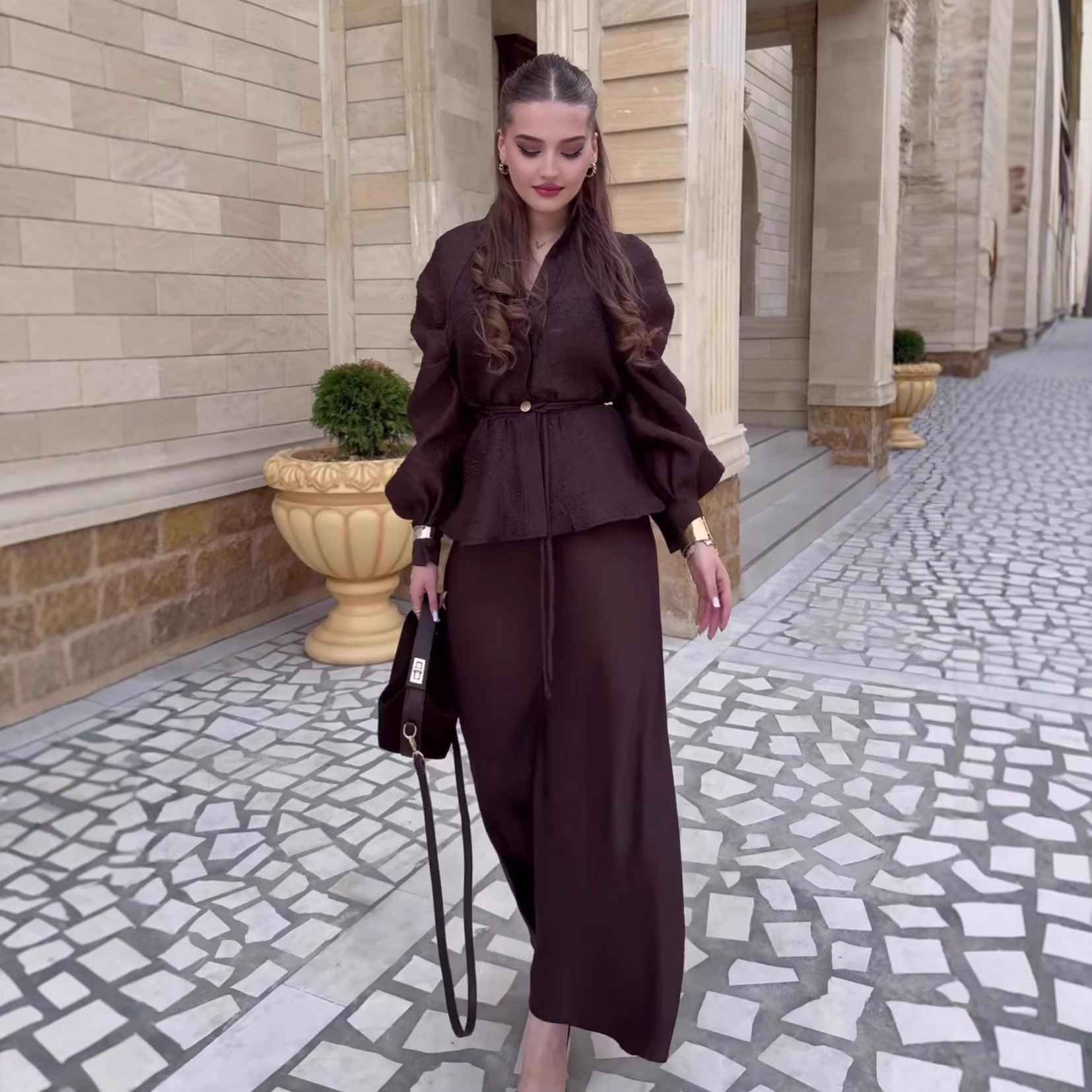 Chic V-Neck Fitted Long Sleeve Cardigan Top with High-Waisted Skirt Set for Women - MODALIFE