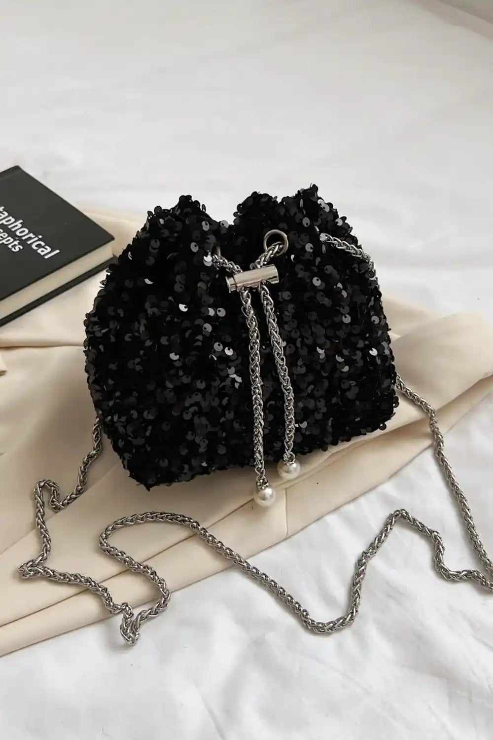 Sequin Chain Drawstring Bucket Bag - MODALIFE