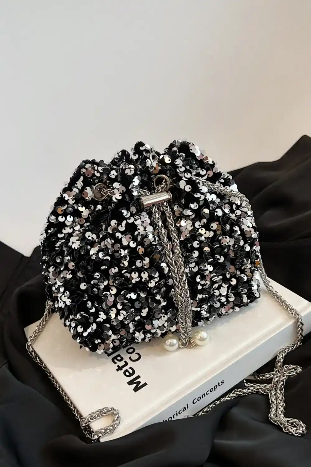 Sequin Chain Drawstring Bucket Bag - MODALIFE
