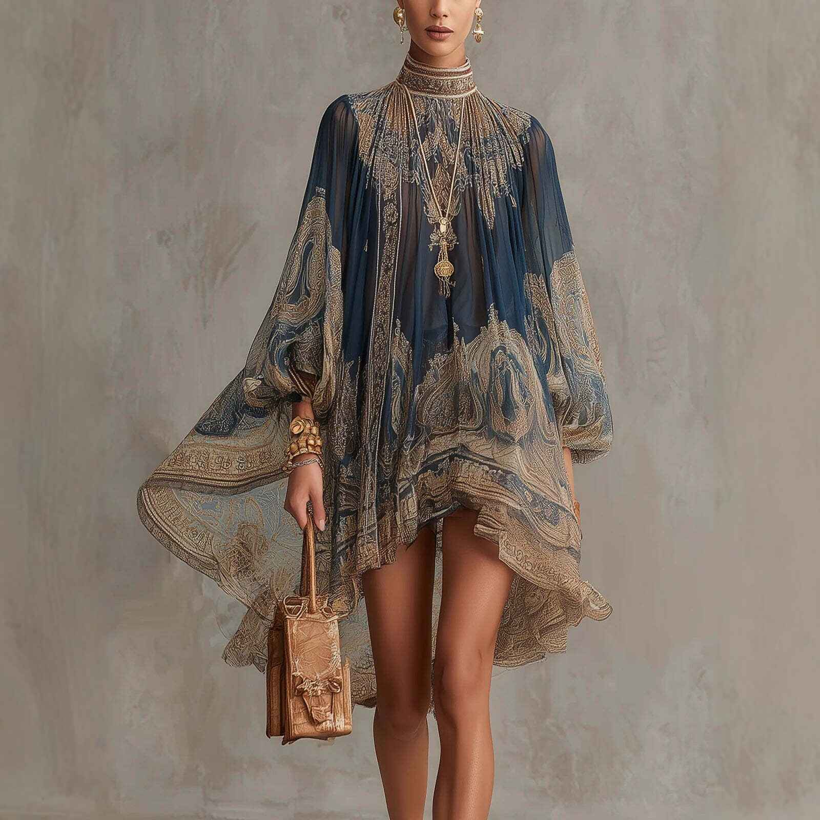 Printed Long Sleeve High Neck Loose Dress - MODALIFE