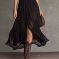 Cropped V-Neck Shirt Dress with Ruffled Hem and Side Slit, Dark Chic Style, Body-Con Fit, Long Skirt - MODALIFE