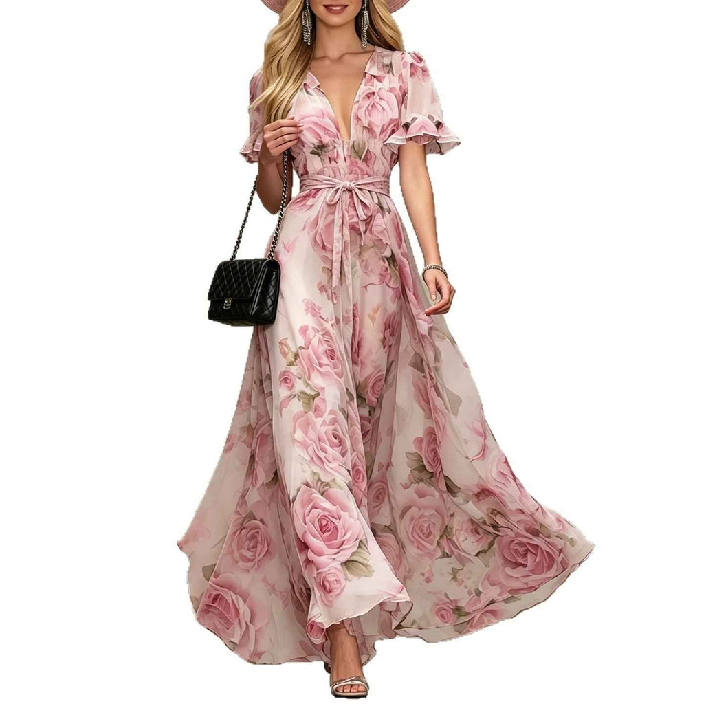 Deep V-neck ruffle sleeve printed dress - MODALIFE