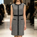 Vintage leather trimmed tweed vest A-line skirt dress - MODALIFE