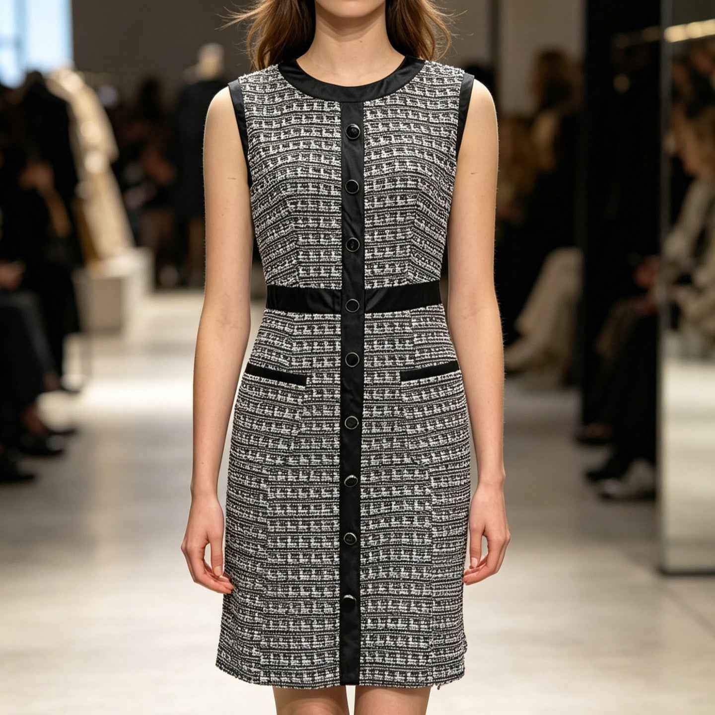Vintage leather trimmed tweed vest A-line skirt dress - MODALIFE