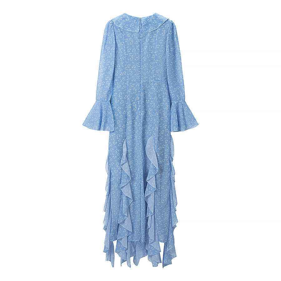 Elegant ruffle edge slim fit and slimming trumpet sleeve dress