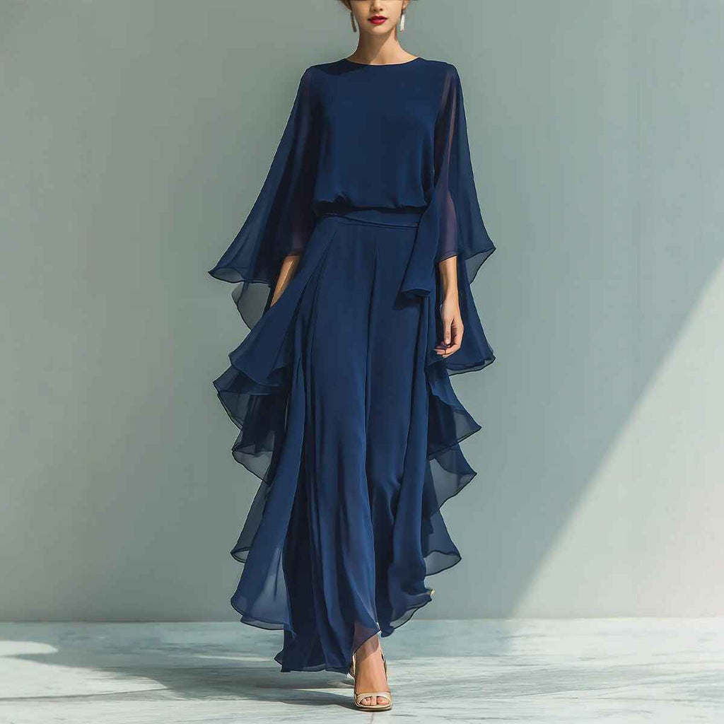 Deep Blue Ruffle Wide-Leg Pants Set for Women, Fashion Elegant Two-Piece Long Sleeve Casual Pants - MODALIFE