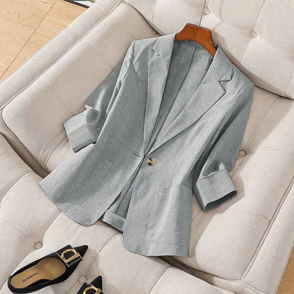 Solid color pocket small suit jacket women's button up top - MODALIFE