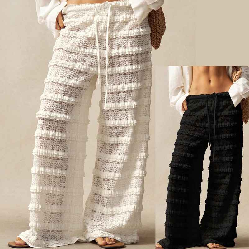 Streetwear Casual Solid Color Lace Jacquard Hollow-out Patchwork Tie-up Straight Leg Pants - MODALIFE