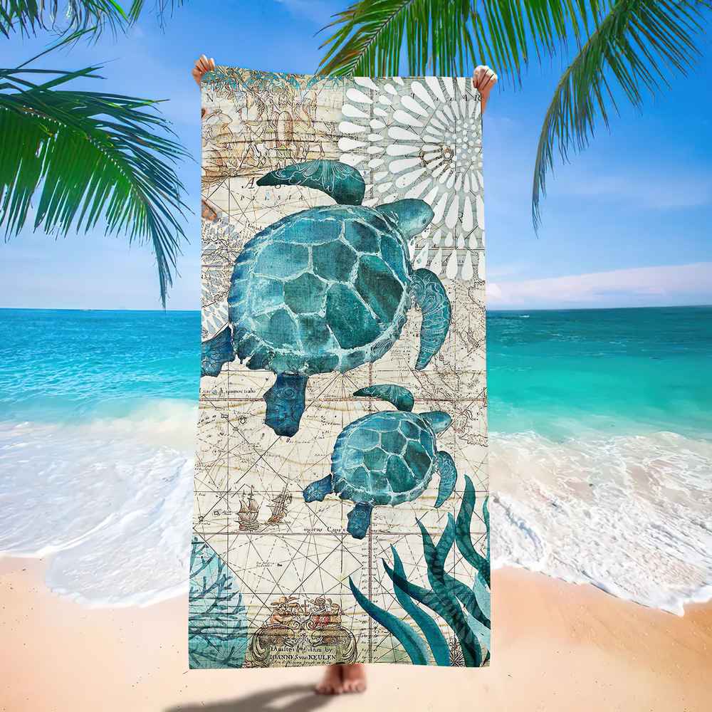 Ocean Turtle Pattern Beach Towel Ultra-Fine Fiber Quick-Dry Double-Sided Fleece Bath Towel Sand Blanket