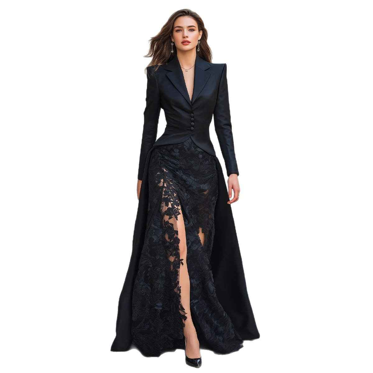 Chic Lace Suit Collar Two-Piece Long Sleeve Dress for Women - MODALIFE