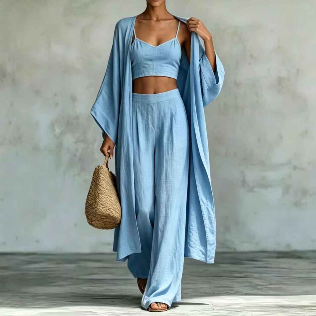 Loose cardigan short strap high waist wide leg pants set - MODALIFE
