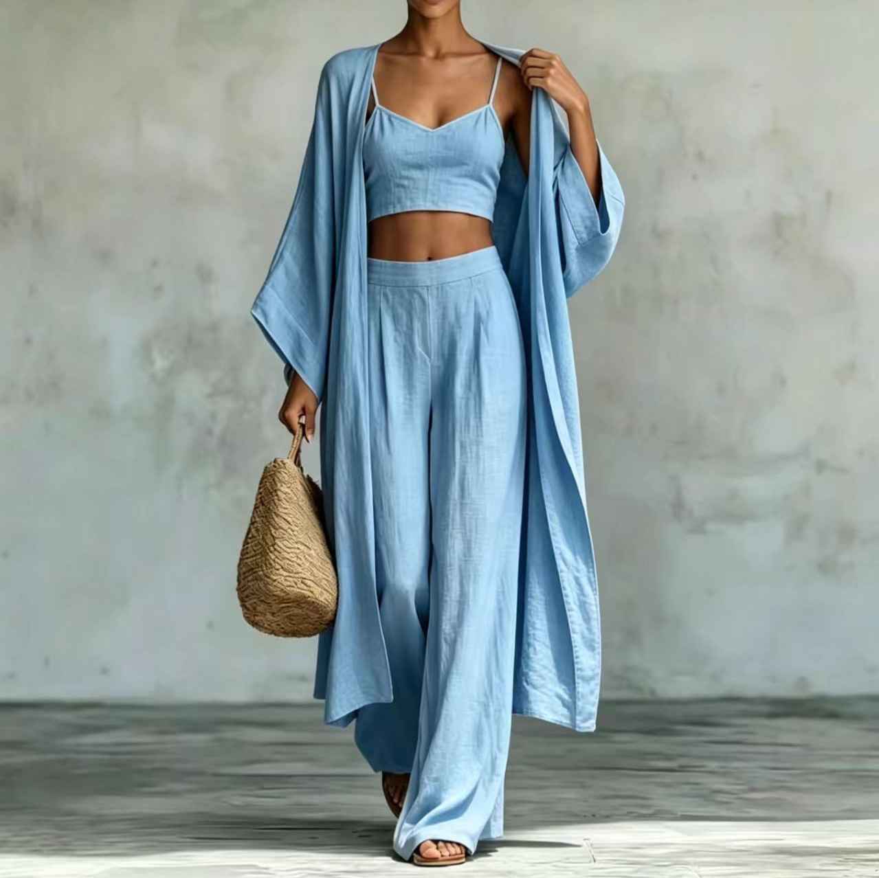 Loose cardigan short strap high waist wide leg pants set - MODALIFE