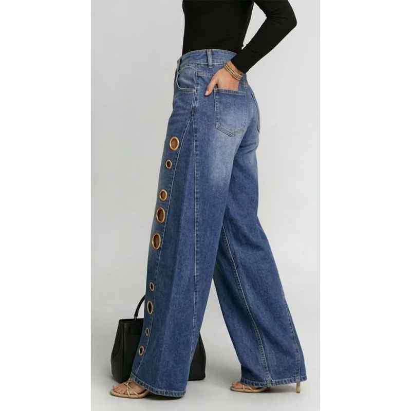 New jeans for women, metal eyelet design, casual loose high-waisted wide-leg jeans - MODALIFE