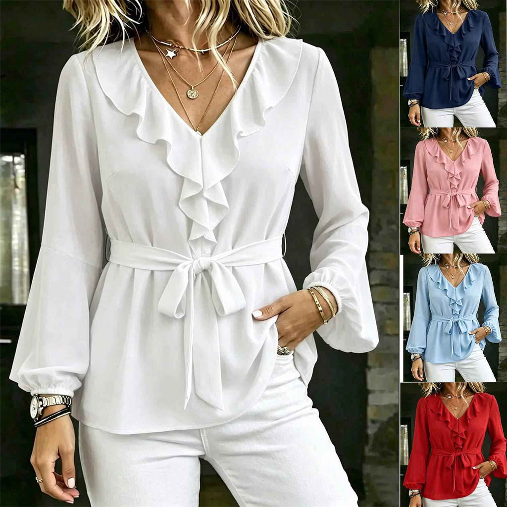 Elegant Women's V-Neck Ruffle Blouse with Tie Waist, Lantern Sleeves Long Sleeve Top - MODALIFE