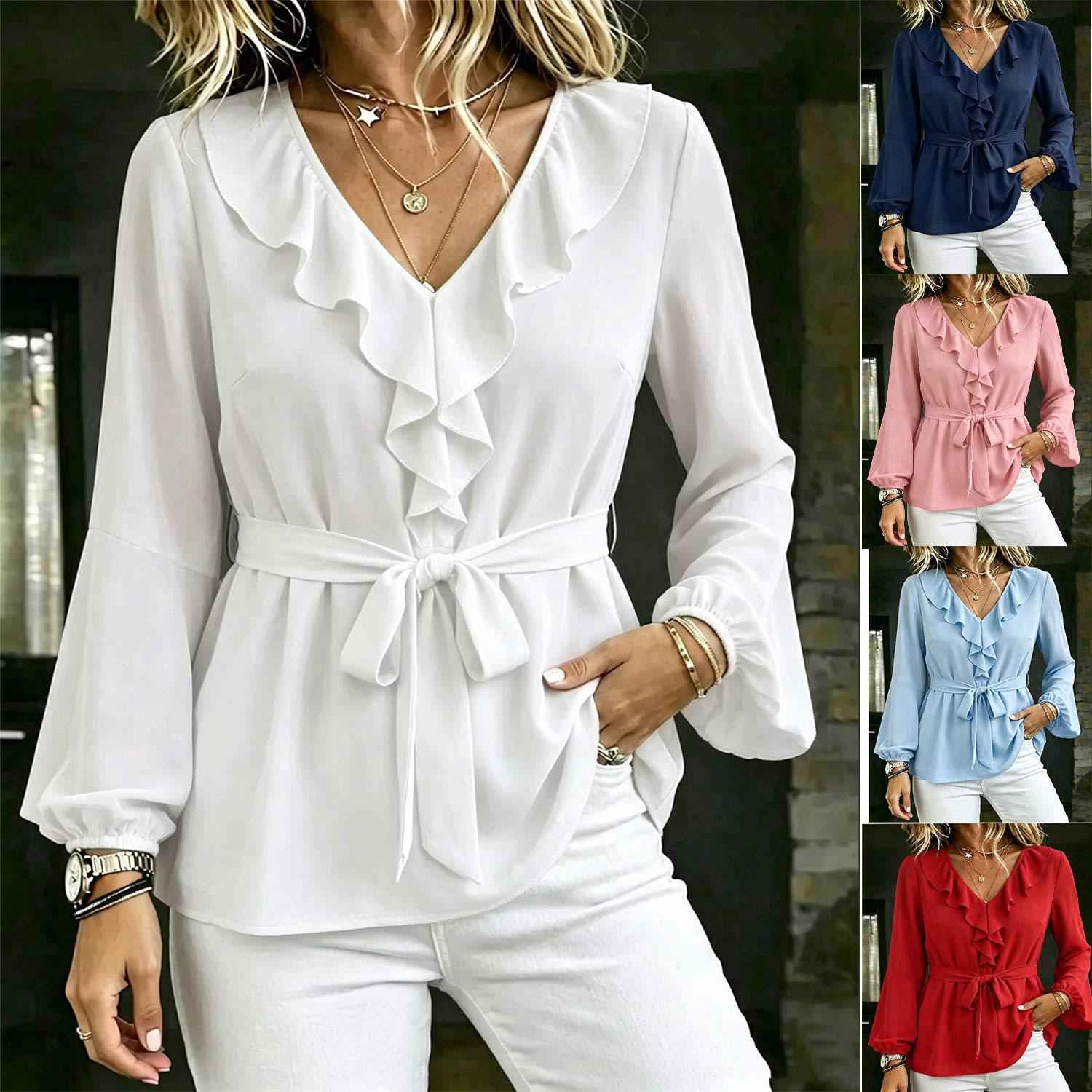 Elegant Women's V-Neck Ruffle Blouse with Tie Waist, Lantern Sleeves Long Sleeve Top - MODALIFE