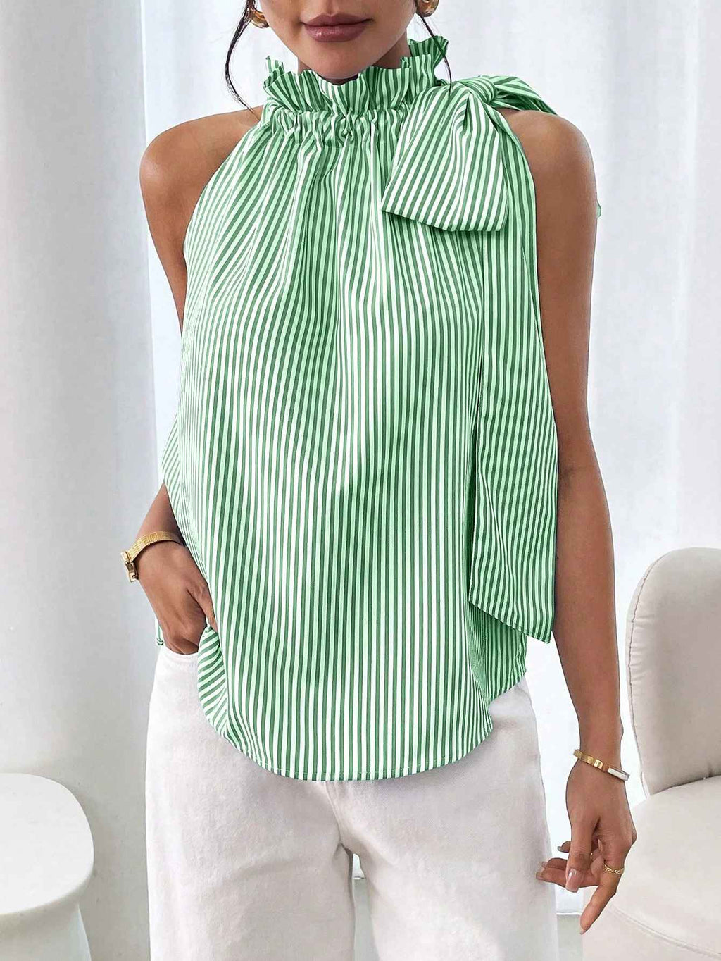 Fashionable Casual Sleeveless Striped Lace Trim High Neck Tie Knot T-Shirt Top - MODALIFE