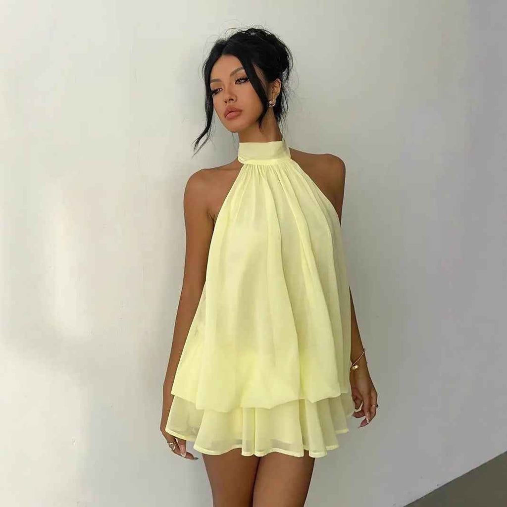 Women's vacation fitted sexy backless halter neck tie-waist dress with puffy short skirt