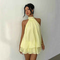 Women's vacation fitted sexy backless halter neck tie-waist dress with puffy short skirt