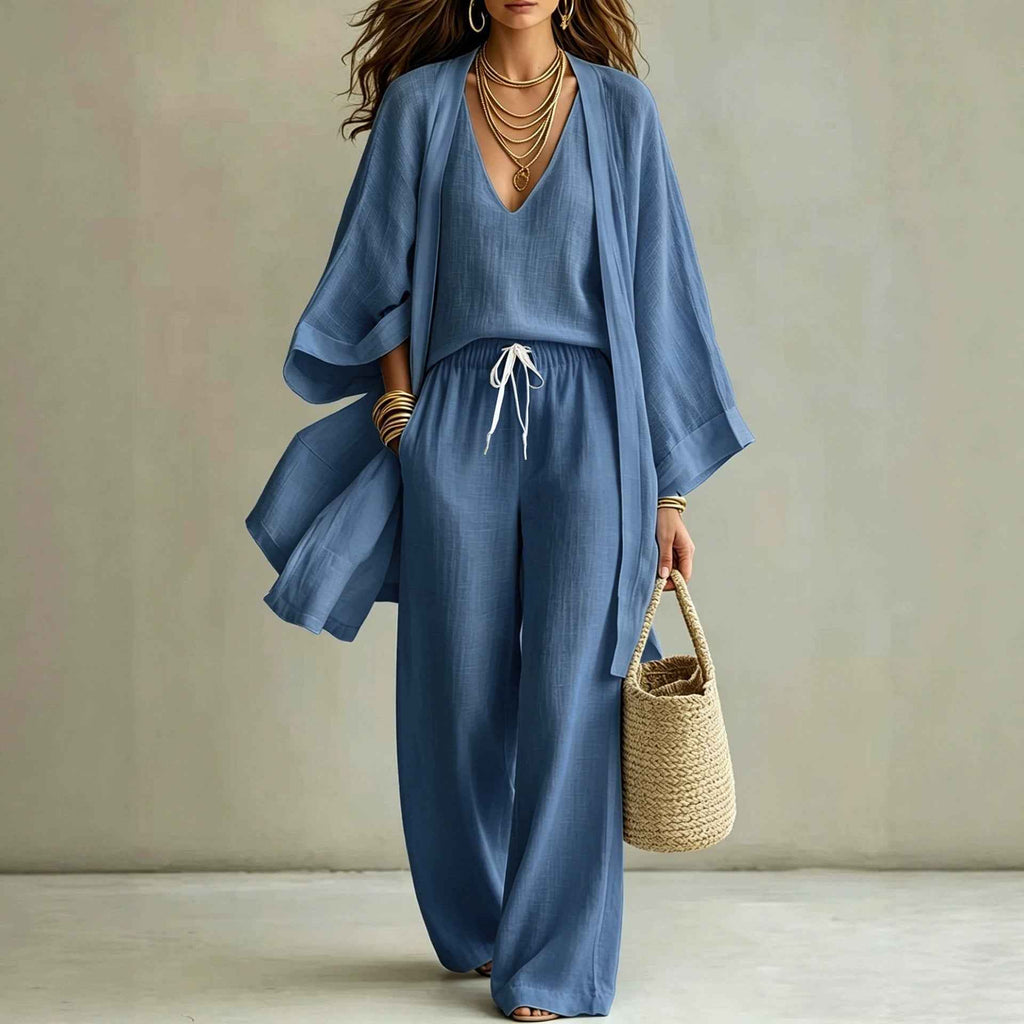 Loose cardigan sleeveless vest long pants three piece set for women