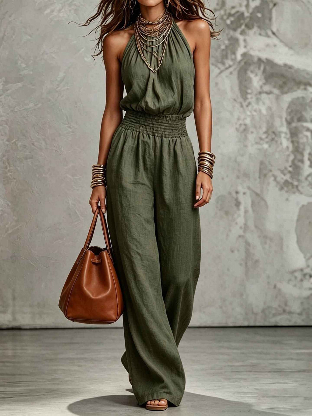 Sleeveless Backless Waist-Tie Halter Wide-Leg Jumpsuit for Women - MODALIFE