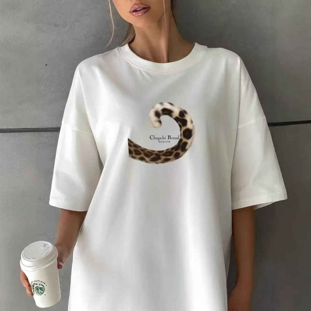 Leopard print tail printed short sleeved T-shirt for women