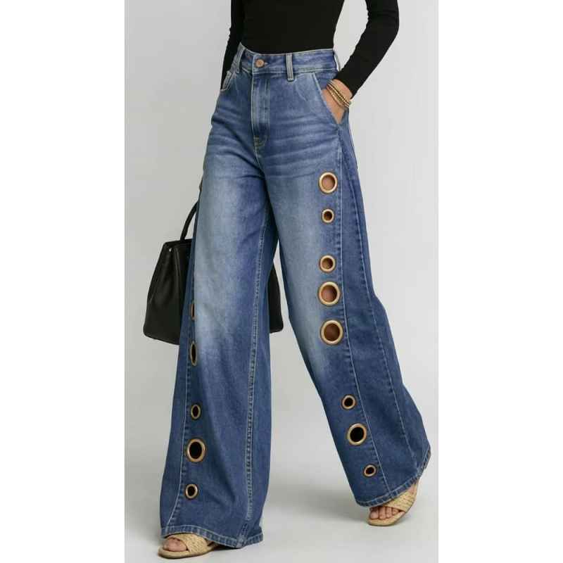 New jeans for women, metal eyelet design, casual loose high-waisted wide-leg jeans - MODALIFE