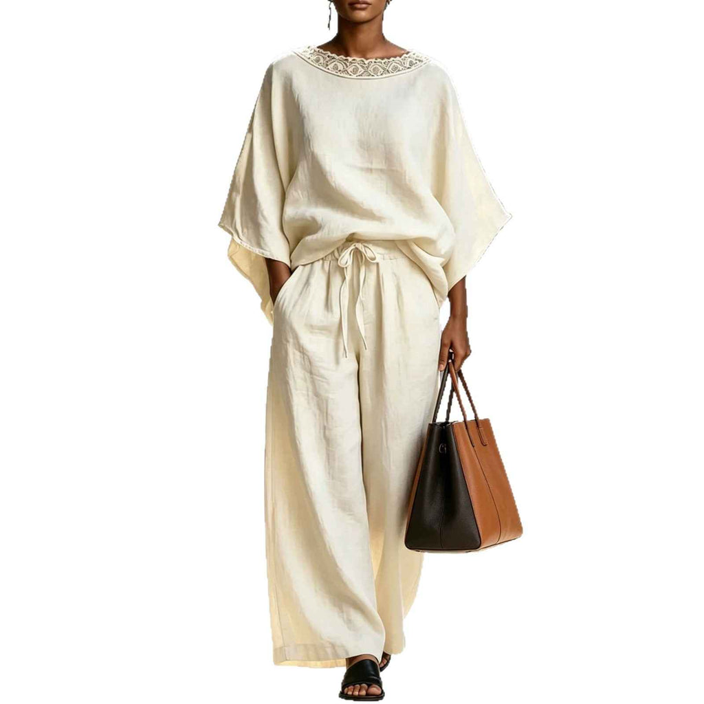 Fashion Casual Solid Color Lace Round Neck Loose Short Sleeve Pants Two-Piece Set - MODALIFE