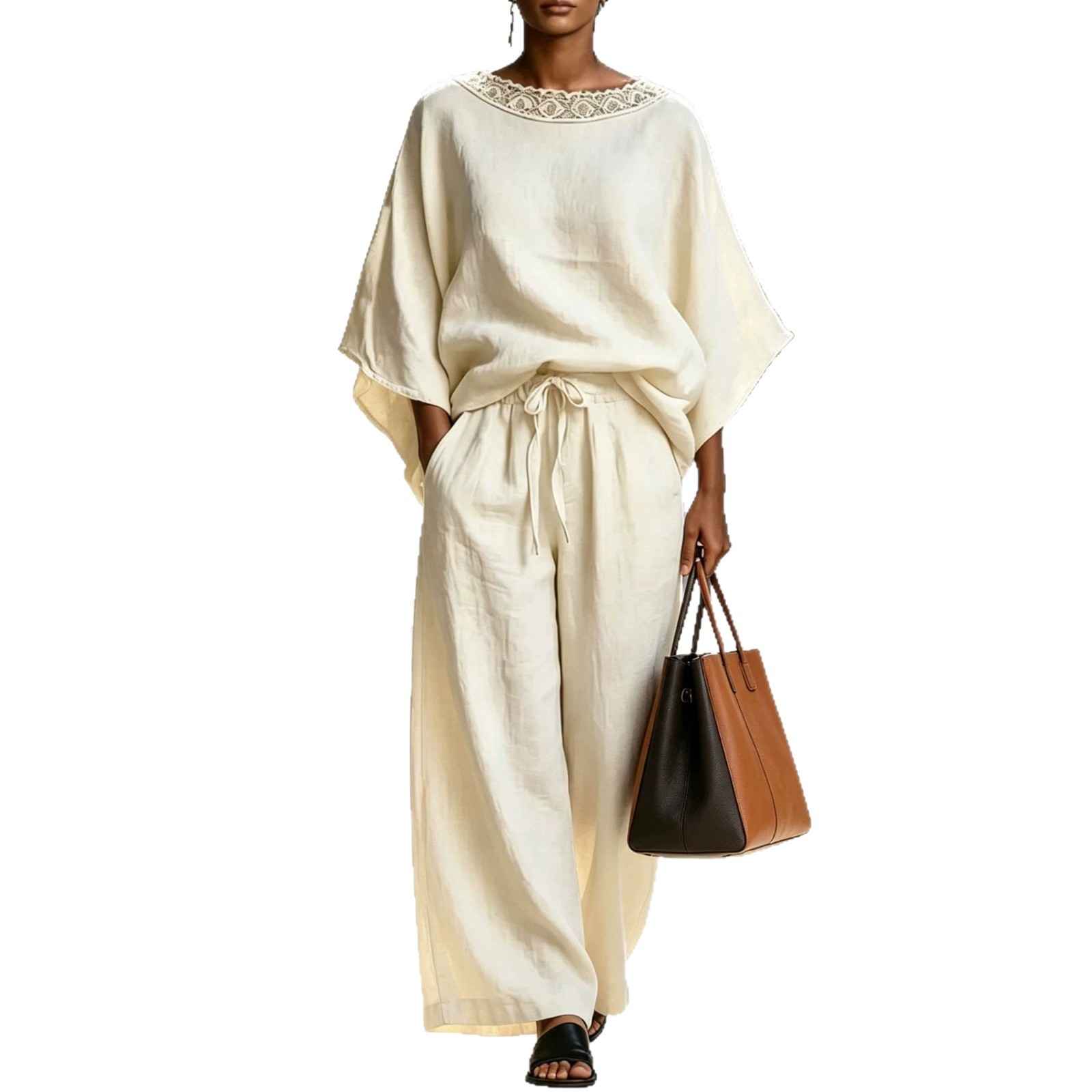 Fashion Casual Solid Color Lace Round Neck Loose Short Sleeve Pants Two-Piece Set - MODALIFE