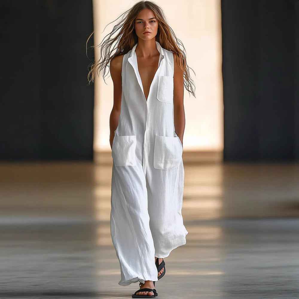 Casual Loose Sleeveless Single-Button Wide-Leg Pants Fashion Cargo Jumpsuit for Women - MODALIFE