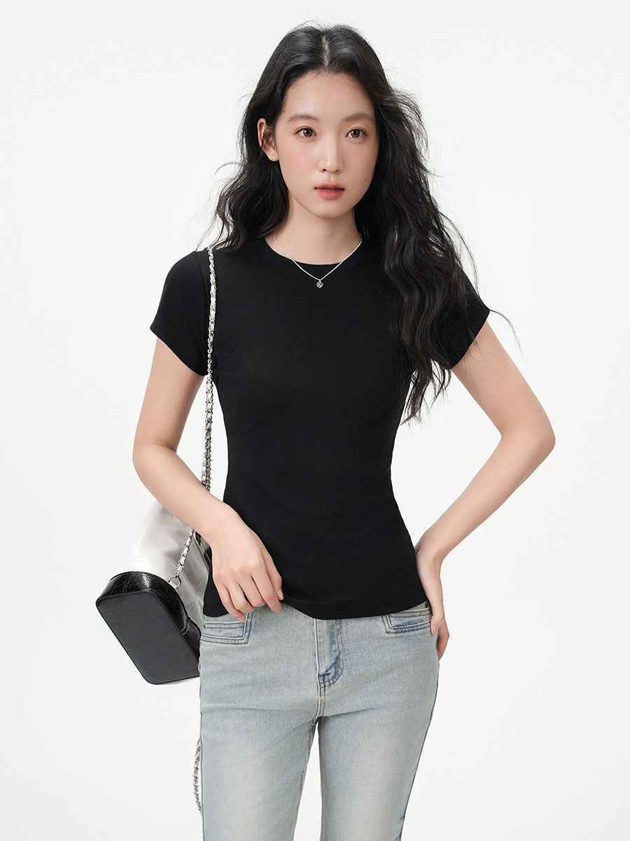 Round Neck Basic Cotton Fitted Short Sleeve T-Shirt for Women
