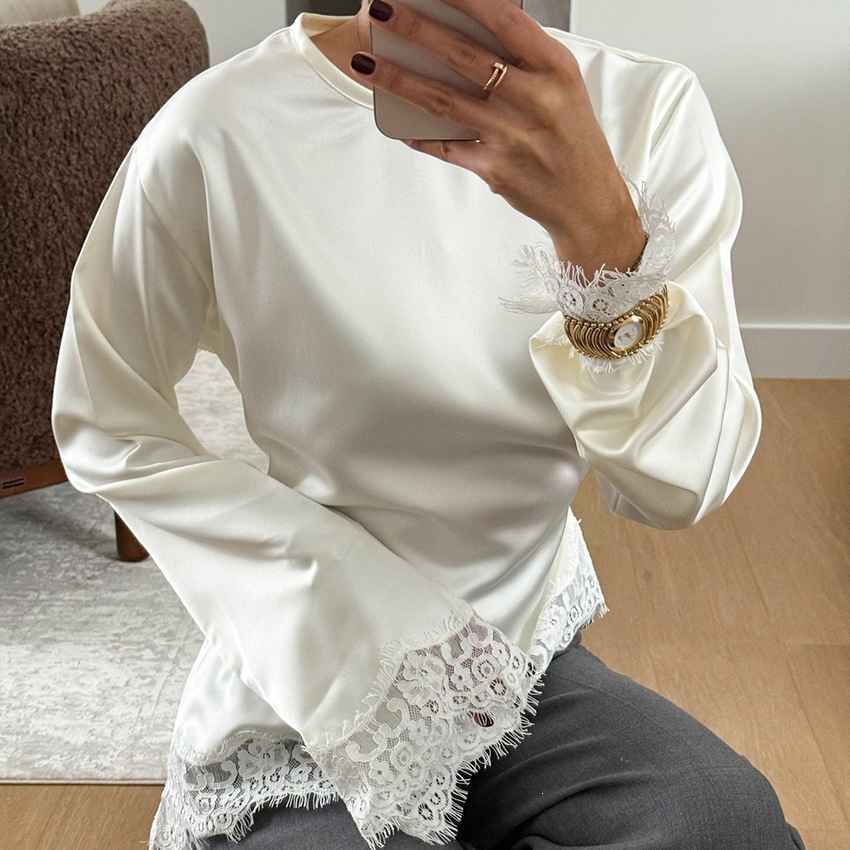 Round neck solid color long sleeved irregular hem T-shirt for women - MODALIFE