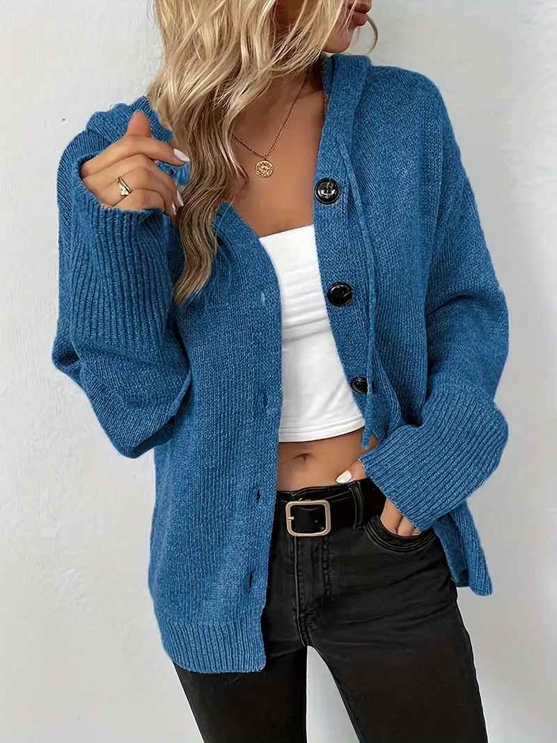 Solid color hooded single breasted sweater for women - MODALIFE