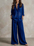 Chic Linen Set for Women, Breathable Lightweight Long Sleeve Shirt with Drapey Wide-Leg Pants, Vacation Style Casual Outfit - MODALIFE