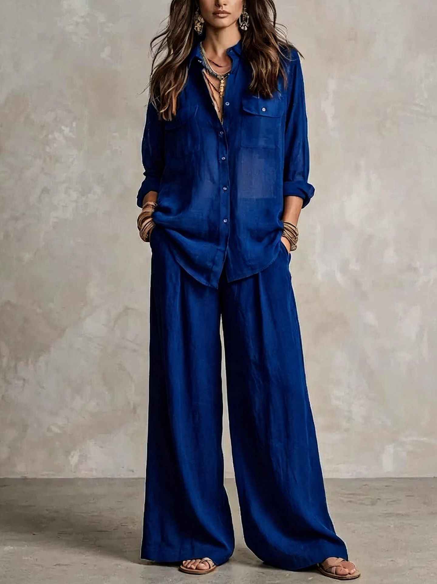 Chic Linen Set for Women, Breathable Lightweight Long Sleeve Shirt with Drapey Wide-Leg Pants, Vacation Style Casual Outfit - MODALIFE
