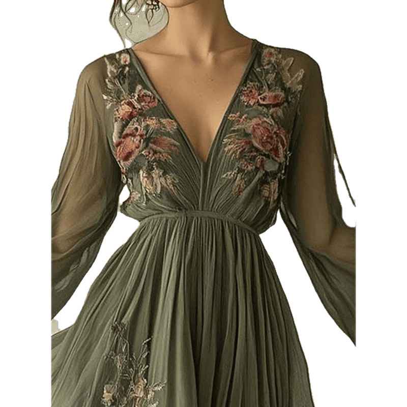 Printed long sleeved long collar dress long skirt - MODALIFE