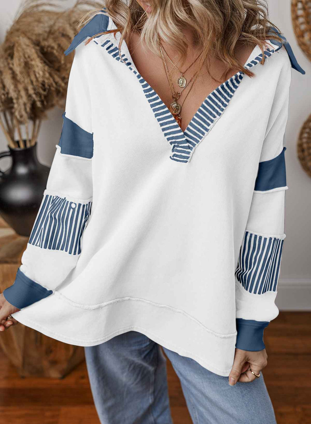 Casual Versatile Deep V-Neck Long Sleeve Loose Sweatshirt Top with Stripe Color Block Design - MODALIFE