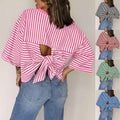 Round neck striped back tie bow pullover top - MODALIFE