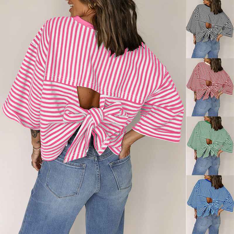 Round neck striped back tie bow pullover top - MODALIFE