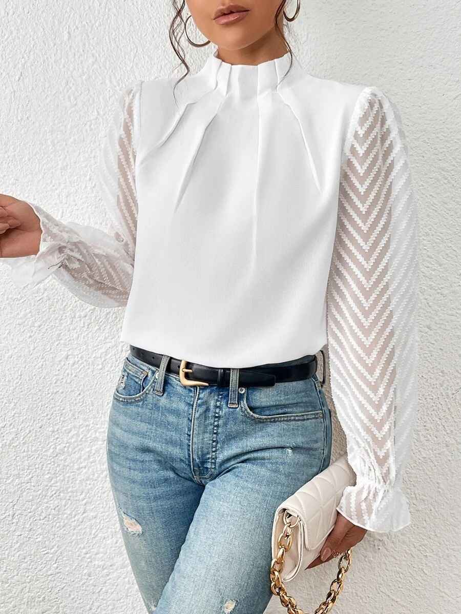 Autumn Winter New Women's High Neck Spliced Wave Pattern Chiffon Long Sleeve Top - MODALIFE