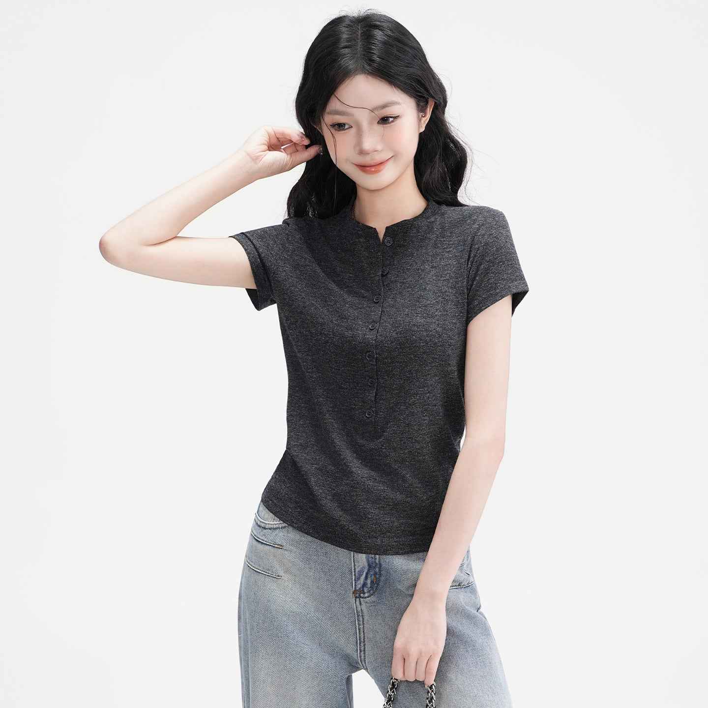 Elegant Half-Open Collar Buttoned Shoulder Design Short Sleeve T-Shirt for Women - MODALIFE