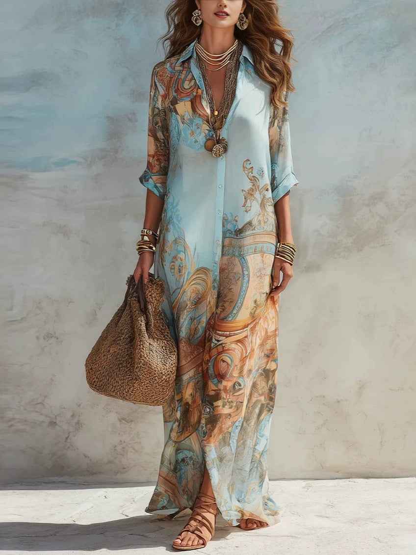 Blue Tone Printed Chiffon Turn-down Collar Split Resort Beach Dress - MODALIFE