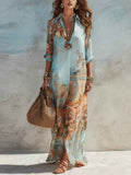 Blue Tone Printed Chiffon Turn-down Collar Split Resort Beach Dress - MODALIFE