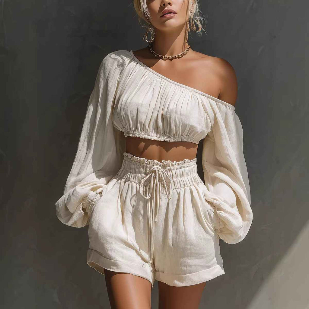 Shoulder long sleeved short top+high waisted casual shorts set for women - MODALIFE