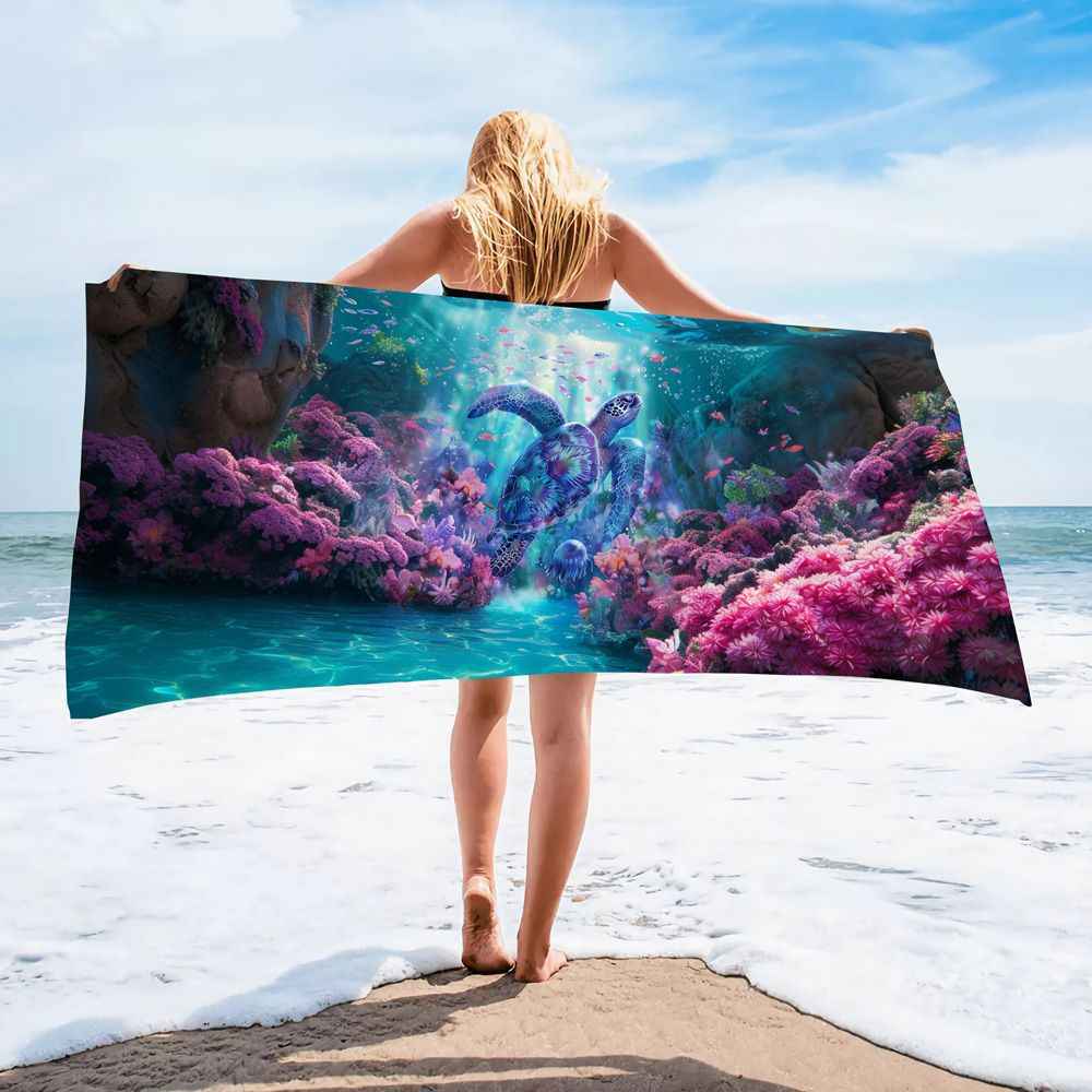 Ocean Turtle Pattern Beach Towel Ultra-Fine Fiber Quick-Dry Double-Sided Fleece Bath Towel Sand Blanket