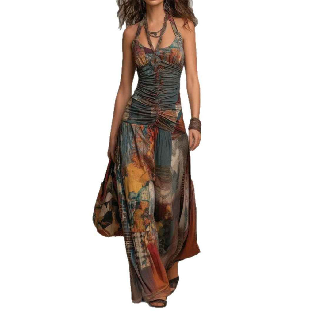 French Oil Painting Print Vintage Off-Shoulder Sexy Jumpsuit for Women Summer - MODALIFE