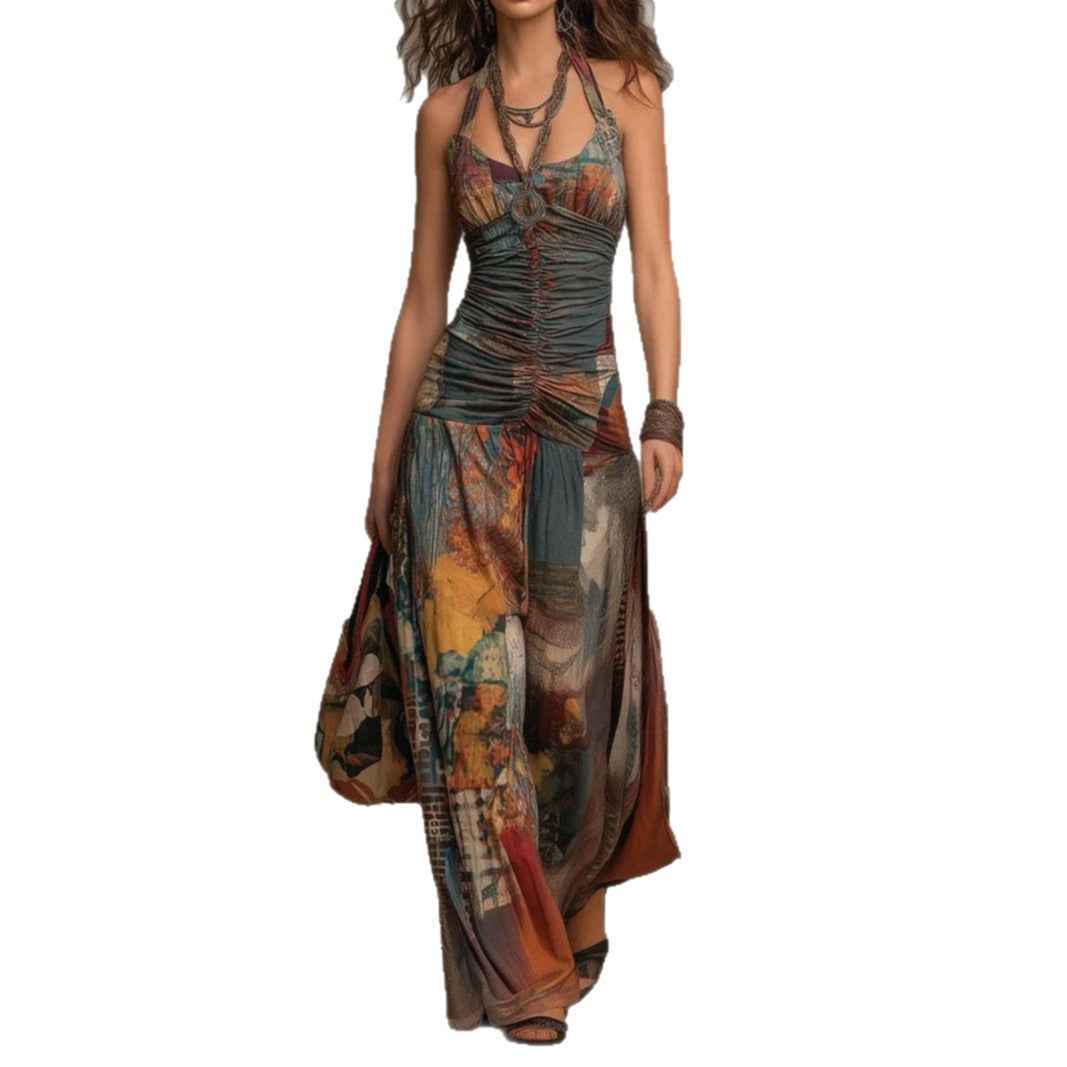 French Oil Painting Print Vintage Off-Shoulder Sexy Jumpsuit for Women Summer - MODALIFE