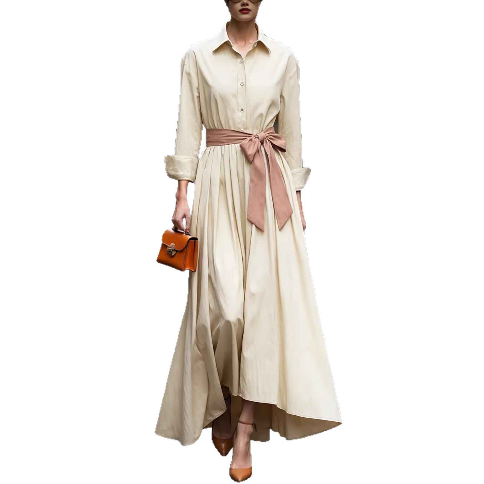 Long sleeved shirt collar solid color long skirt dress - MODALIFE