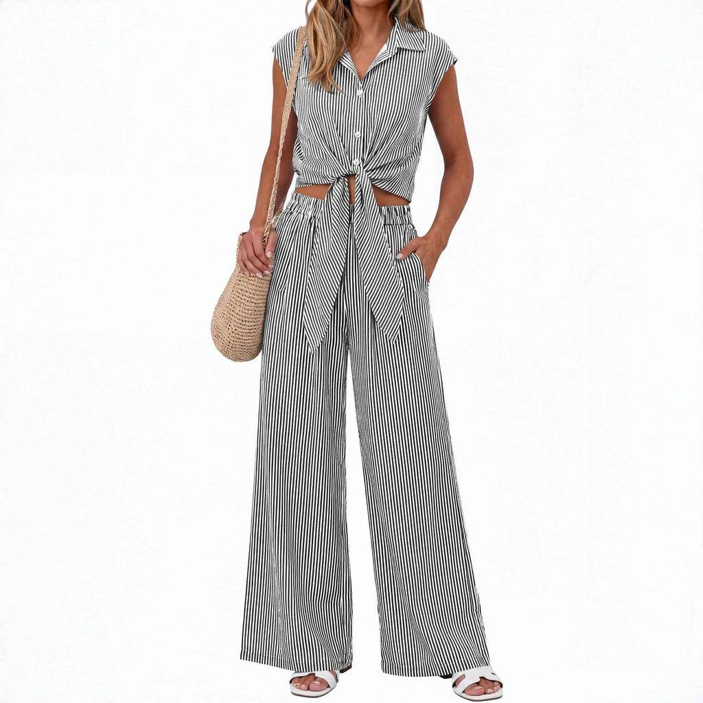 Spring Summer Women's Striped Buttoned Sleeveless Shirt and Pants Set