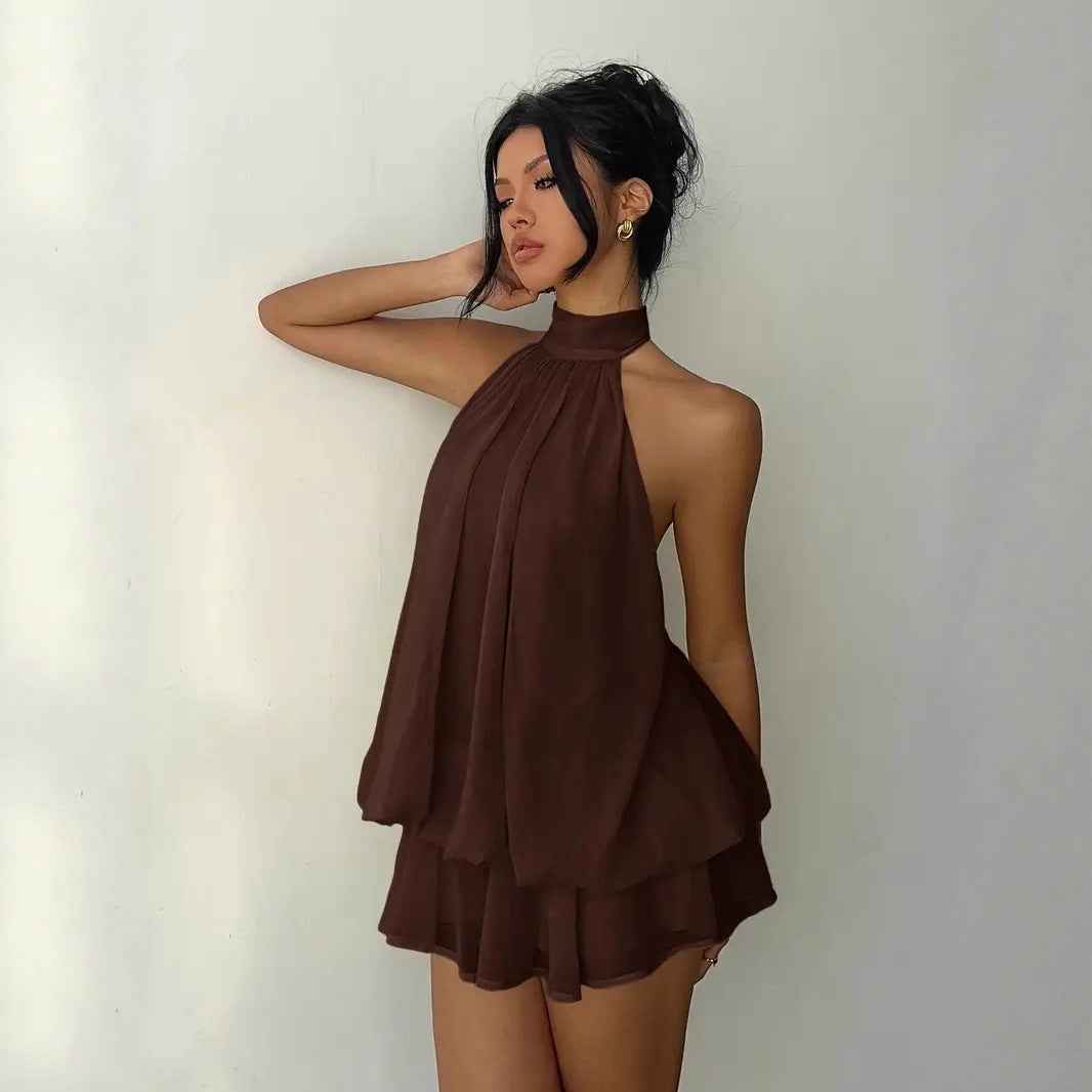 Women's vacation fitted sexy backless halter neck tie-waist dress with puffy short skirt
